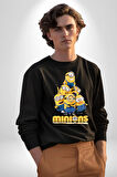 Minions Sevimli Karakter Tasarımı Erkek Kadın Unisex Dijital Baskılı Siyah Sweatshirt