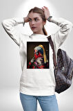 Deadpool İnci Küpeli Kız Erkek Kadın Unisex Dijital Baskılı Beyaz Sweatshirt