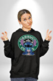 Stitch Kahve Keyfi Tasarımı Erkek Kadın Siyah Dijital Baskılı Kapüşonlu Sweatshirt Hoodie