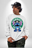 Stitch Kahve Keyfi Tasarımı Erkek Kadın Unisex Dijital Baskılı Beyaz Sweatshirt