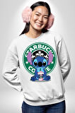 Stitch Kahve Keyfi Tasarımı Erkek Kadın Unisex Dijital Baskılı Beyaz Sweatshirt