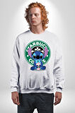 Stitch Kahve Keyfi Tasarımı Erkek Kadın Unisex Dijital Baskılı Beyaz Sweatshirt