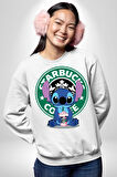 Stitch Kahve Keyfi Tasarımı Erkek Kadın Unisex Dijital Baskılı Beyaz Sweatshirt
