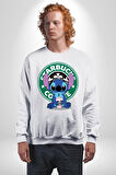 Stitch Kahve Keyfi Tasarımı Erkek Kadın Unisex Dijital Baskılı Beyaz Sweatshirt