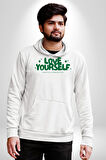 Sev Kendini Olumlu Bakış Açısı Yazılı Erkek Kadın Beyaz Dijital Baskılı Kapüşonlu Sweatshirt Hoodie
