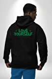 Sev Kendini Olumlu Bakış Açısı Yazılı Erkek Kadın Siyah Ön Sırt Baskılı Kapüşonlu Sweatshirt Hoodie
