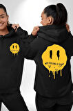 Eriyen Emoji Bugün Hissetmiyorum Erkek Kadın Siyah Ön Sırt Baskılı Kapüşonlu Sweatshirt Hoodie