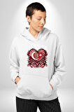 Türkiye Ay Yıldız Kırmızı Beyaz Kalp Erkek Kadın Beyaz Dijital Baskılı Kapüşonlu Sweatshirt Hoodie