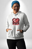Türkiye Ay Yıldız Kırmızı Beyaz Kalp Erkek Kadın Beyaz Dijital Baskılı Kapüşonlu Sweatshirt Hoodie