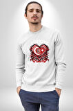 Türkiye Ay Yıldız Kırmızı Beyaz Kalp Erkek Kadın Unisex Dijital Baskılı Beyaz Sweatshirt
