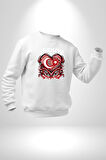 Türkiye Ay Yıldız Kırmızı Beyaz Kalp Erkek Kadın Unisex Dijital Baskılı Beyaz Sweatshirt