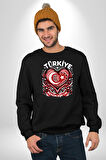 Türkiye Ay Yıldız Kırmızı Beyaz Kalp Erkek Kadın Unisex Dijital Baskılı Siyah Sweatshirt