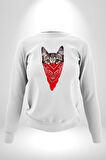 Maske Gangester Kedi Erkek Kadın Unisex Dijital Baskılı Beyaz Sweatshirt