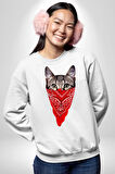 Maske Gangester Kedi Erkek Kadın Unisex Dijital Baskılı Beyaz Sweatshirt