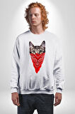 Maske Gangester Kedi Erkek Kadın Unisex Dijital Baskılı Beyaz Sweatshirt