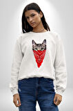 Maske Gangester Kedi Erkek Kadın Unisex Dijital Baskılı Beyaz Sweatshirt