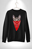 Maske Gangester Kedi Erkek Kadın Unisex Dijital Baskılı Siyah Sweatshirt