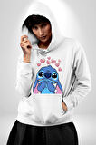 Stitch Tasarım Karakter Poster
 Erkek Kadın Beyaz Dijital Baskılı Kapüşonlu Sweatshirt Hoodie