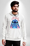 Stitch Tasarım Karakter Poster
 Erkek Kadın Beyaz Dijital Baskılı Kapüşonlu Sweatshirt Hoodie