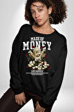 Aşk Meleği Para Kazandım Hayat Tavsiyesi Erkek Kadın Unisex Dijital Baskılı Siyah Sweatshirt
