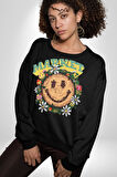 Gülen Market Ağaç Çiçek Mantar Erkek Kadın Unisex Dijital Baskılı Siyah Sweatshirt
