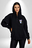 Sadece Piskoloji Erkek Kadın Siyah Fermuarlı Baskılı Hırka Sweatshirt