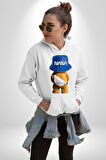 Nasa Moda Trend Ayı Teddy Bel Çantası Erkek Kadın Beyaz Dijital Baskılı Kapüşonlu Sweatshirt Hoodie