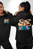 One Piece Luffy Anime Erkek Kadın Siyah Ön Sırt Baskılı Kapüşonlu Sweatshirt Hoodie
