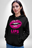 Lips Ruj Pembe Dudak Sınırsız Düşün Erkek Kadın Siyah Dijital Baskılı Kapüşonlu Sweatshirt Hoodie