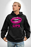 Lips Ruj Pembe Dudak Sınırsız Düşün Erkek Kadın Siyah Dijital Baskılı Kapüşonlu Sweatshirt Hoodie