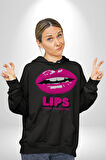 Lips Ruj Pembe Dudak Sınırsız Düşün Erkek Kadın Siyah Dijital Baskılı Kapüşonlu Sweatshirt Hoodie
