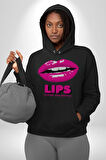 Lips Ruj Pembe Dudak Sınırsız Düşün Erkek Kadın Siyah Dijital Baskılı Kapüşonlu Sweatshirt Hoodie