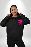 Lips Ruj Pembe Dudak Sınırsız Düşün Erkek Kadın Siyah Ön Sırt Baskılı Kapüşonlu Sweatshirt Hoodie