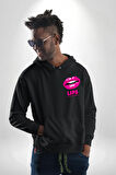 Lips Ruj Pembe Dudak Sınırsız Düşün Erkek Kadın Siyah Ön Sırt Baskılı Kapüşonlu Sweatshirt Hoodie