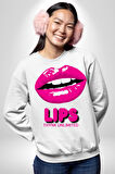Lips Ruj Pembe Dudak Sınırsız Düşün Erkek Kadın Unisex Dijital Baskılı Beyaz Sweatshirt