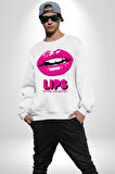 Lips Ruj Pembe Dudak Sınırsız Düşün Erkek Kadın Unisex Dijital Baskılı Beyaz Sweatshirt