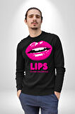 Lips Ruj Pembe Dudak Sınırsız Düşün Erkek Kadın Unisex Dijital Baskılı Siyah Sweatshirt