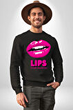 Lips Ruj Pembe Dudak Sınırsız Düşün Erkek Kadın Unisex Dijital Baskılı Siyah Sweatshirt