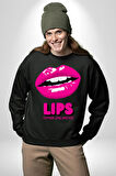 Lips Ruj Pembe Dudak Sınırsız Düşün Erkek Kadın Unisex Dijital Baskılı Siyah Sweatshirt