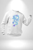 Çin Sitili Ejderha Bereket Tanrısı Erkek Kadın Unisex Dijital Baskılı Beyaz Sweatshirt