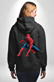 Spiderman Kahraman Erkek Kadın Siyah Ön Sırt Baskılı Kapüşonlu Sweatshirt Hoodie