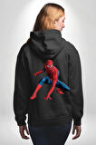 Spiderman Kahraman Erkek Kadın Siyah Ön Sırt Baskılı Kapüşonlu Sweatshirt Hoodie