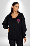 CyberRex Neon ve Futuristik Dinozor Grafik
 Erkek Kadın Siyah Fermuarlı Baskılı Hırka Sweatshirt