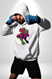 CyberRex Neon ve Futuristik Dinozor Grafik
 Erkek Kadın Beyaz Dijital Baskılı Kapüşonlu Sweatshirt Hoodie