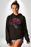 CyberRex Neon ve Futuristik Dinozor Grafik
 Erkek Kadın Siyah Dijital Baskılı Kapüşonlu Sweatshirt Hoodie