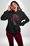 CyberRex Neon ve Futuristik Dinozor Grafik
 Erkek Kadın Siyah Dijital Baskılı Kapüşonlu Sweatshirt Hoodie