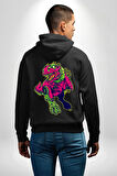 CyberRex Neon ve Futuristik Dinozor Grafik
 Erkek Kadın Siyah Ön Sırt Baskılı Kapüşonlu Sweatshirt Hoodie