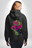 CyberRex Neon ve Futuristik Dinozor Grafik
 Erkek Kadın Siyah Ön Sırt Baskılı Kapüşonlu Sweatshirt Hoodie