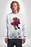 CyberRex Neon ve Futuristik Dinozor Grafik
 Erkek Kadın Unisex Dijital Baskılı Beyaz Sweatshirt