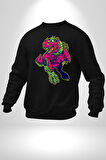 CyberRex Neon ve Futuristik Dinozor Grafik
 Erkek Kadın Unisex Dijital Baskılı Siyah Sweatshirt